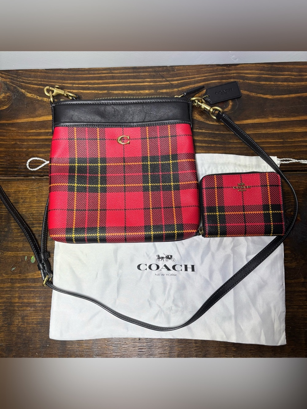Coach Red Plaid Tartan Crossbody Bag + Matching Wallet